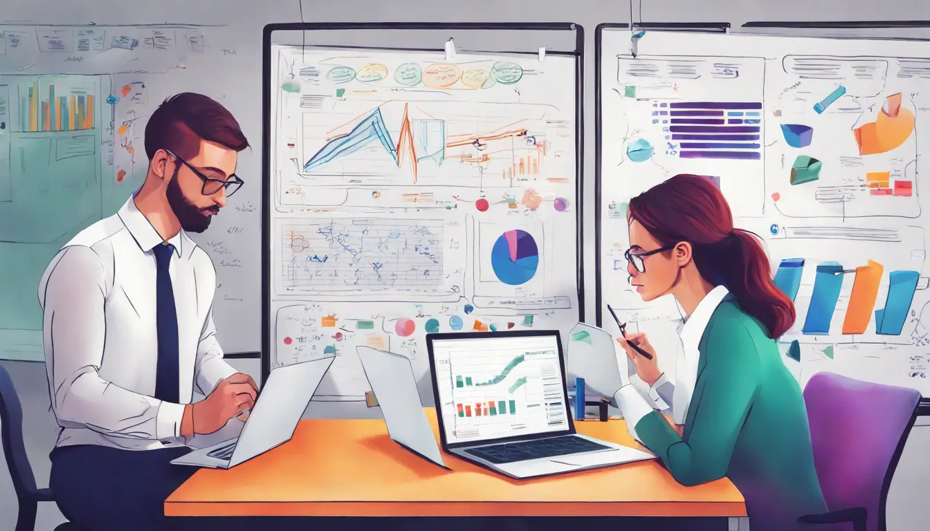 Imagem ilustra uma cena de escritório com fluxograma de processos e funcionários analisando dados para melhorar a eficiência da empresa.