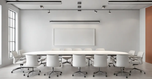 Reunião de equipe com foco em produtividade, mostrando sala de reuniões moderna, quadro branco com gráficos e relógio marcando início do expediente.