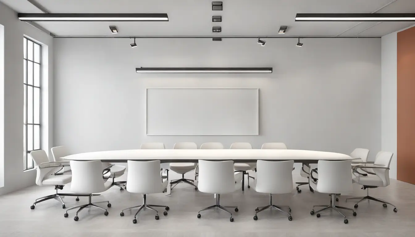 Reunião de equipe com foco em produtividade, mostrando sala de reuniões moderna, quadro branco com gráficos e relógio marcando início do expediente.