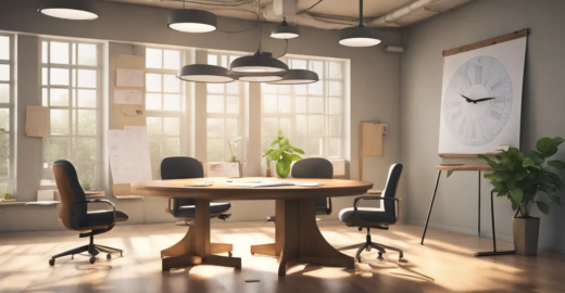 Imagem de uma sala de reunião com elementos simbolizando erros de gestão, incluindo papel amassado e gráficos com erros.