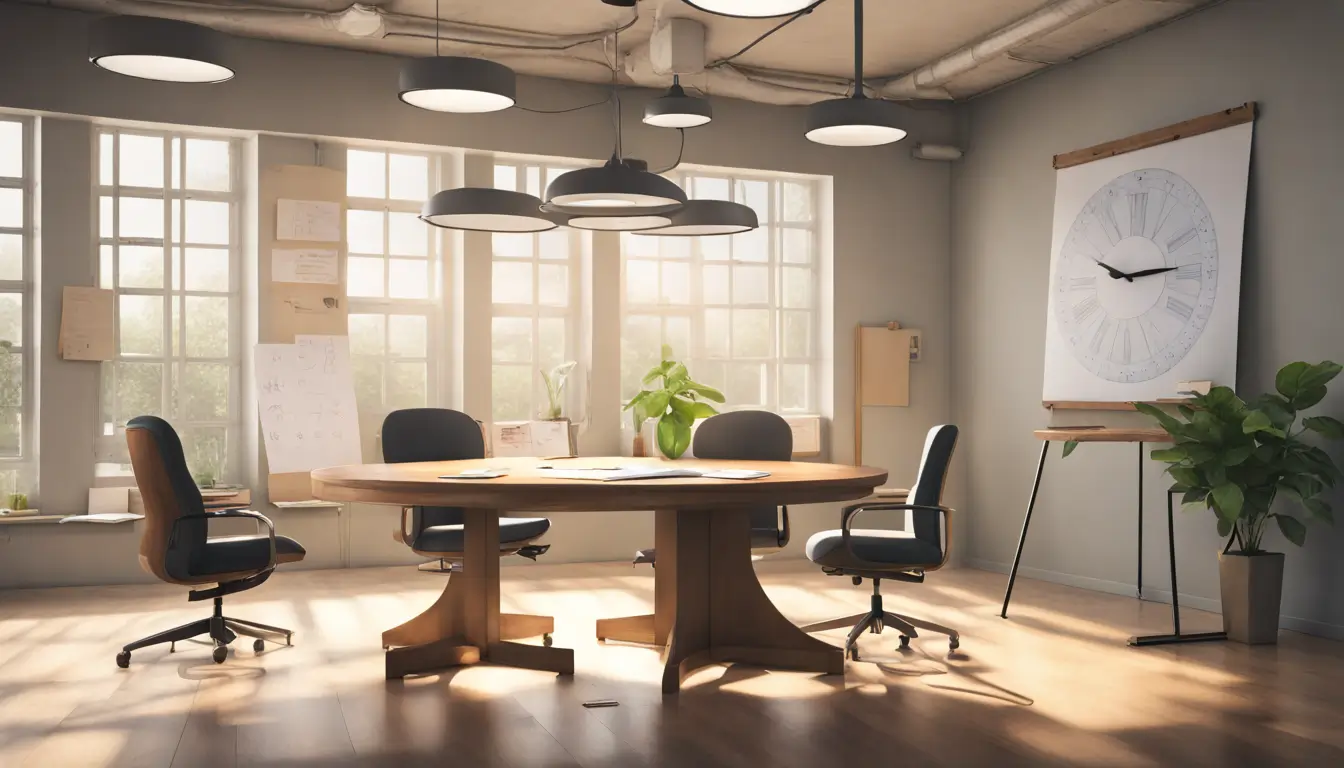 Imagem de uma sala de reunião com elementos simbolizando erros de gestão, incluindo papel amassado e gráficos com erros.