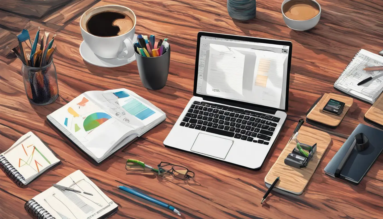 Imagem para blog de plano de negócios mostrando um laptop com gráficos, caderno, caneta e café, ideal para empreendedores.
