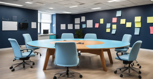 Ilustração de uma mesa redonda de madeira com cadeiras de escritório e ferramentas de dinâmica de grupo para um artigo sobre gestão de pessoas e motivação de equipe.