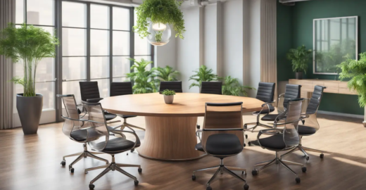 Imagem representando gestão eficaz para reduzir turnover, com sala de reuniões, cadeiras ergonômicas, ampulheta e planta verde.