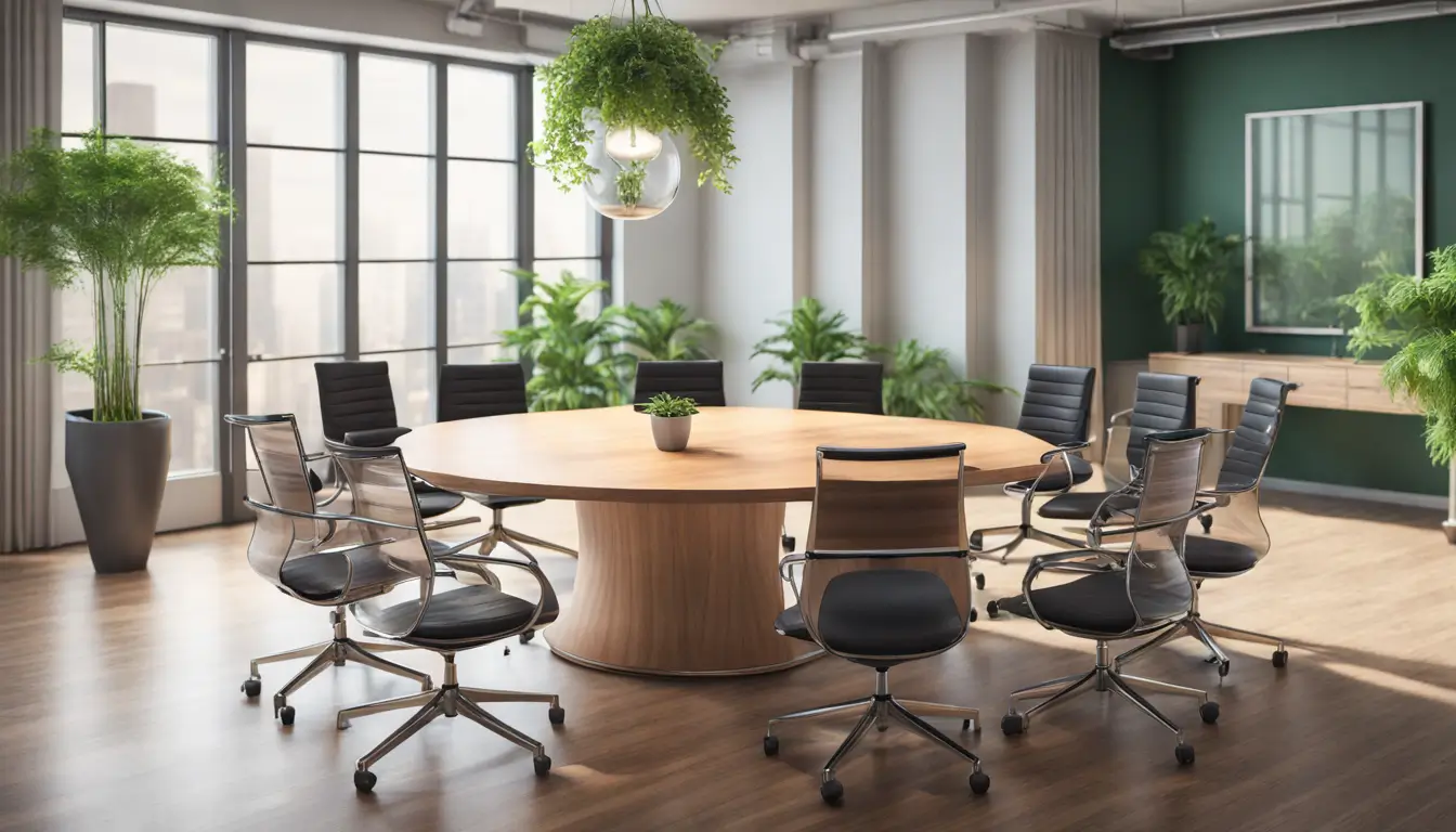 Imagem representando gestão eficaz para reduzir turnover, com sala de reuniões, cadeiras ergonômicas, ampulheta e planta verde.