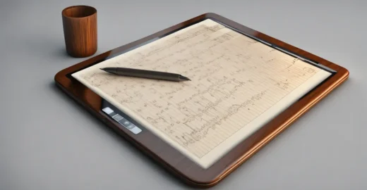 Tablet com gráficos financeiros sobrepondo um velho caderno de anotações, representando a modernização do controle financeiro empresarial.