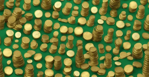Imagem de uma balança de latão equilibrando moedas de ouro e um gráfico de barras verde, simbolizando a comparação entre caixa e lucro em negócios.