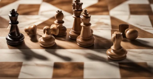 Tabuleiro de xadrez com peças de madeira de carvalho e mármore em close-up, iluminação suave para jogo de estratégia.