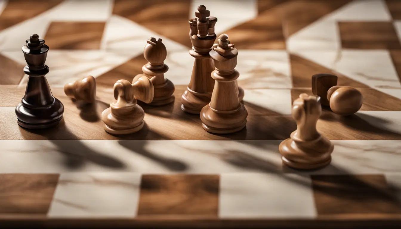 Tabuleiro de xadrez com peças de madeira de carvalho e mármore em close-up, iluminação suave para jogo de estratégia.