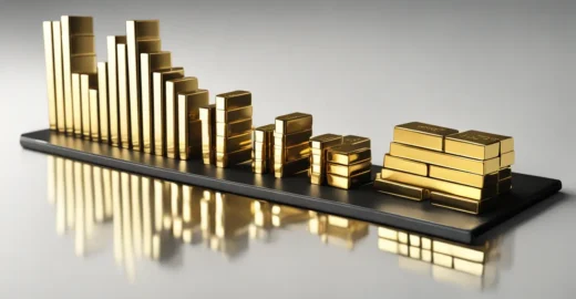 Gráfico de barras em ouro com estetoscópio representando a saúde financeira de uma empresa para benchmarking financeiro.