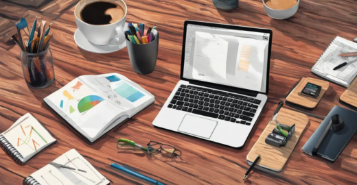 Imagem para blog de plano de negócios mostrando um laptop com gráficos, caderno, caneta e café, ideal para empreendedores.