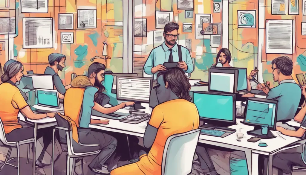 Equipe diversificada em reunião de comunicação interna com dispositivos digitais em um escritório moderno e bem iluminado.