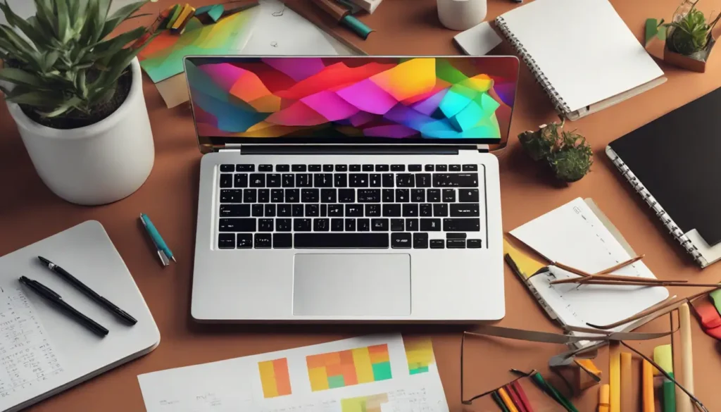 Gráficos financeiros no laptop e papéis de orçamento empresarial sobre mesa em escritório, representando a elaboração de orçamento para decisões estratégicas.