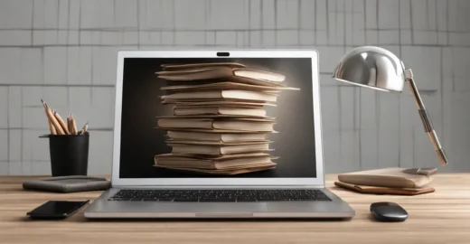 Imagem representando controle financeiro com um laptop exibindo gráficos e documentos relacionados a plano de contas em um escritório moderno.