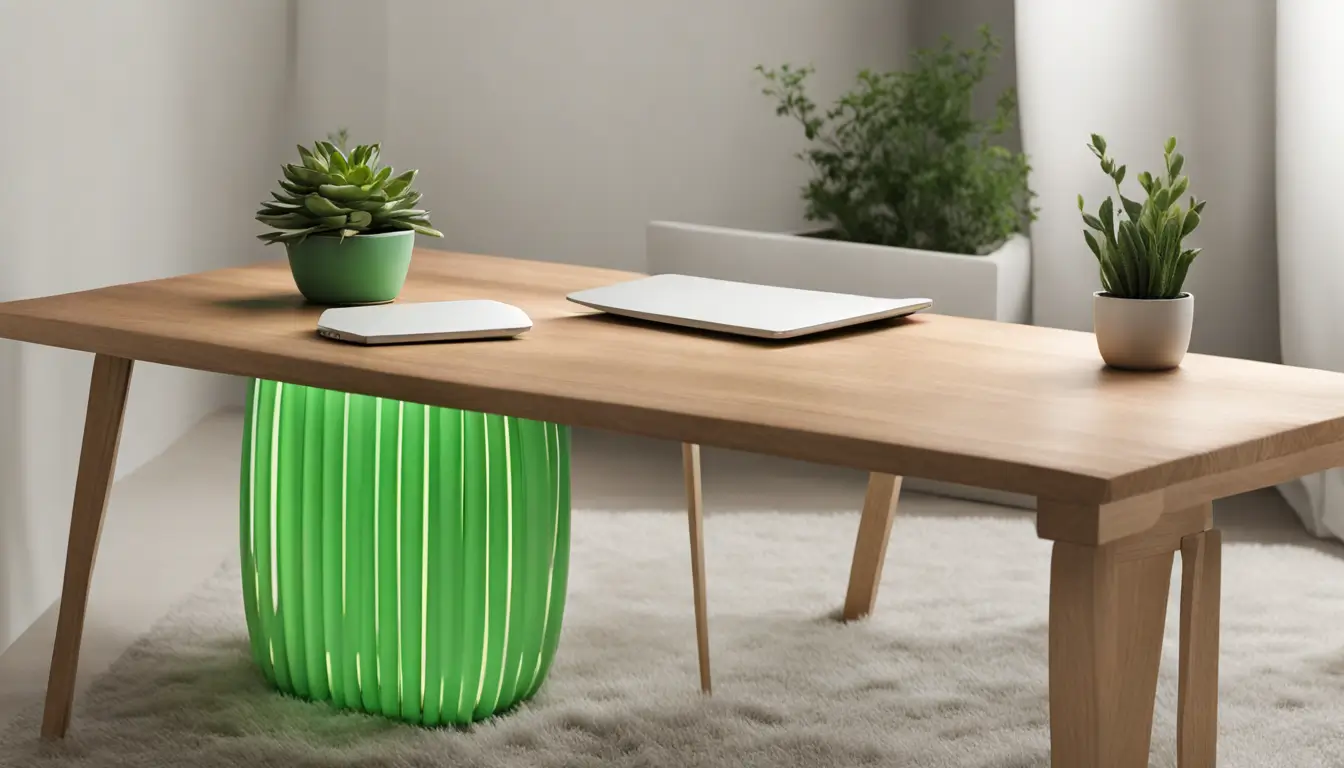 Dicas de finanças pessoais e empresariais com cofrinho, dinheiro e laptop em um escritório em casa.