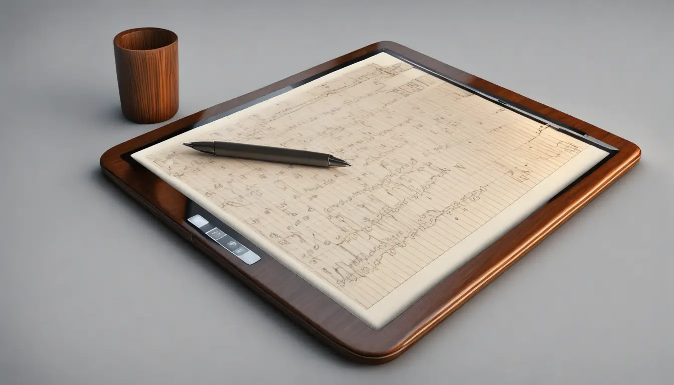 Tablet com gráficos financeiros sobrepondo um velho caderno de anotações, representando a modernização do controle financeiro empresarial.