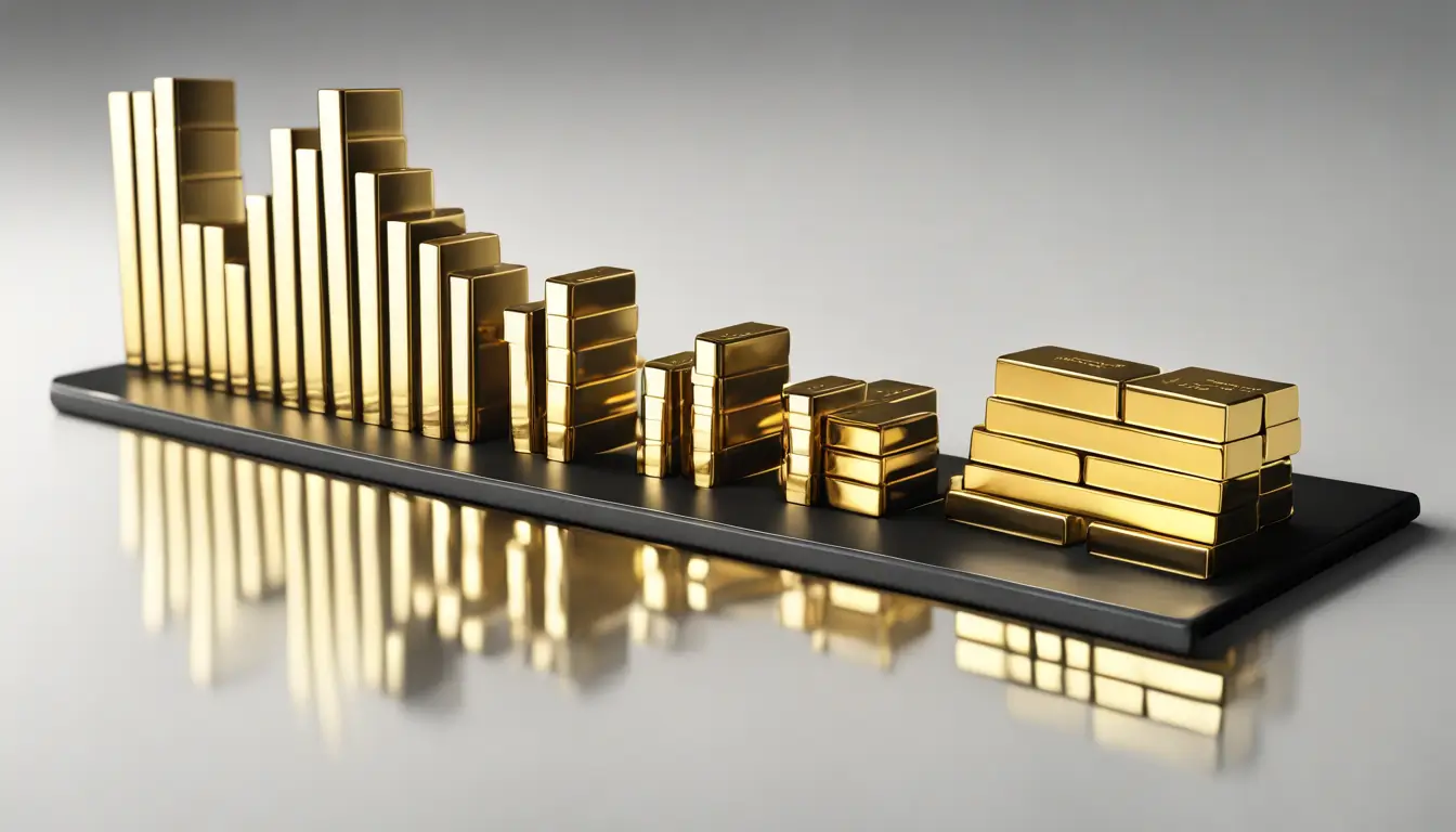 Gráfico de barras em ouro com estetoscópio representando a saúde financeira de uma empresa para benchmarking financeiro.