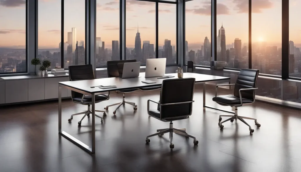Escritório moderno e organizado com mesa de vidro, laptop, papéis organizados e cadeiras de couro, com janelas mostrando o skyline da cidade ao entardecer.